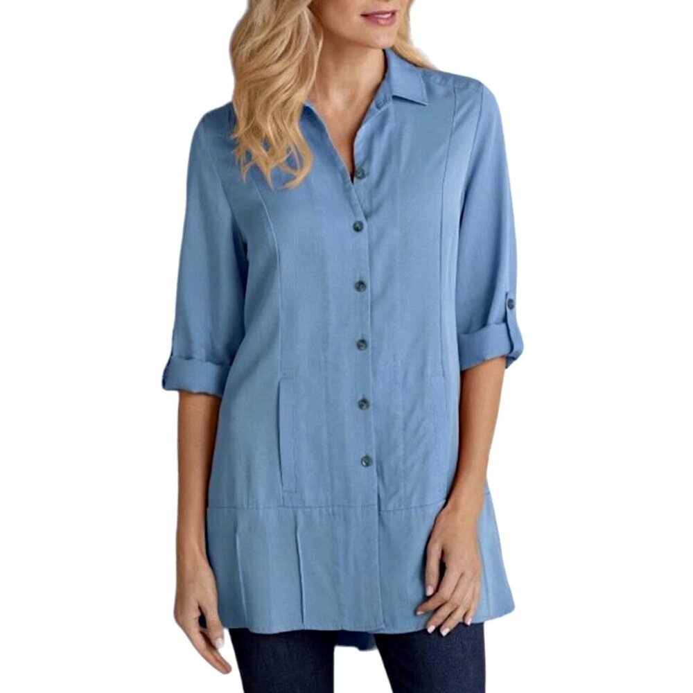 SOFT SURROUNDINGS Island Breeze Roll Tab Tunic Shirt 14-16 Belair Blue